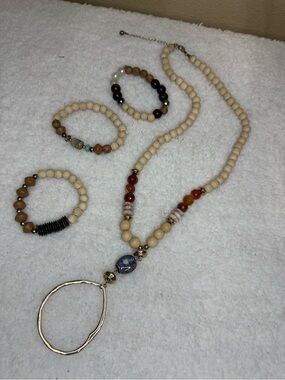 Cream Beaded Necklace with Gold Hammered Loop and Red Accent Beads